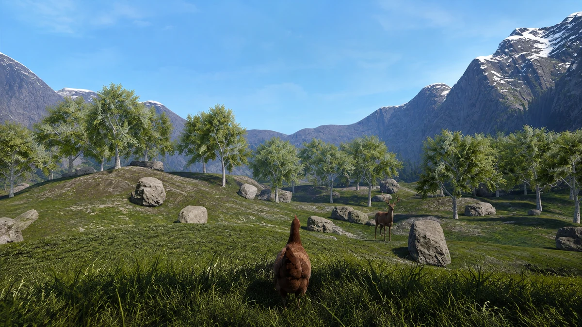 A chicken exploring the open world of Chicken Simulator